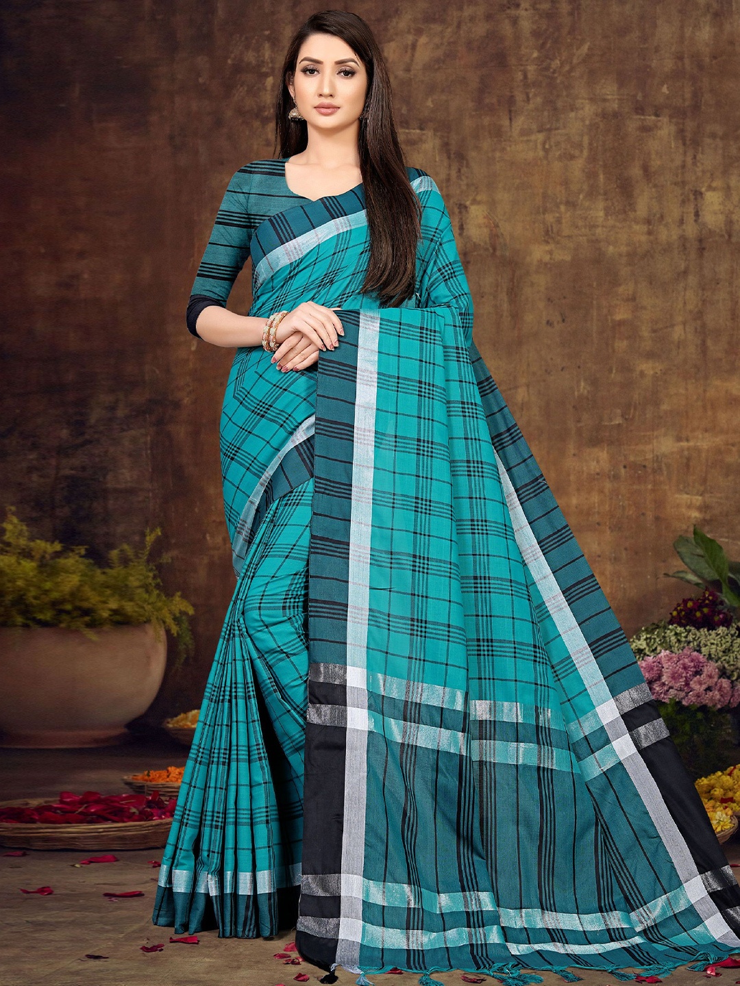 

KALINI Checked Zari Pure Cotton Banarasi Saree, Blue