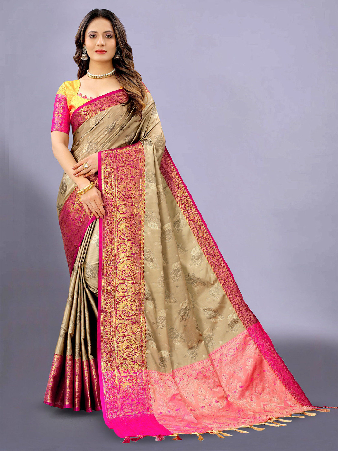 

KALINI Ethnic Motifs Zari Pure Silk Banarasi Saree, Beige