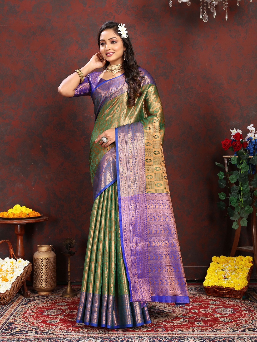 

KALINI Woven Design Zari Pure Silk Banarasi Saree, Violet