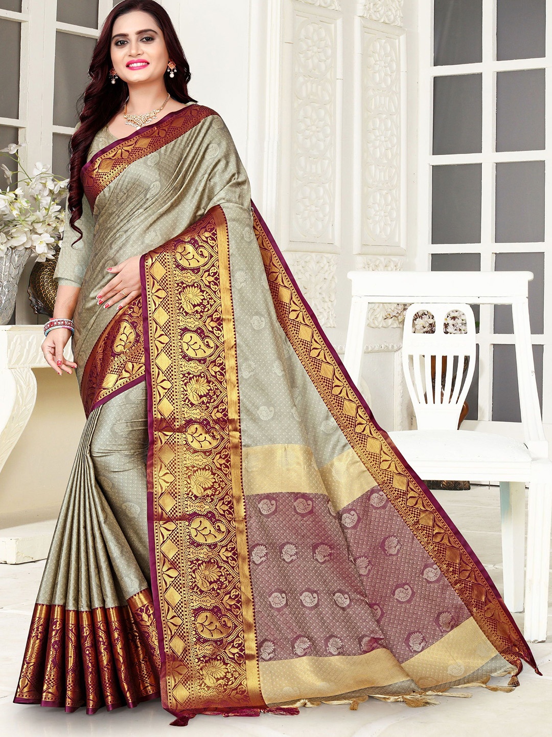 

KALINI Woven Design Zari Pure Cotton Banarasi Saree, Beige