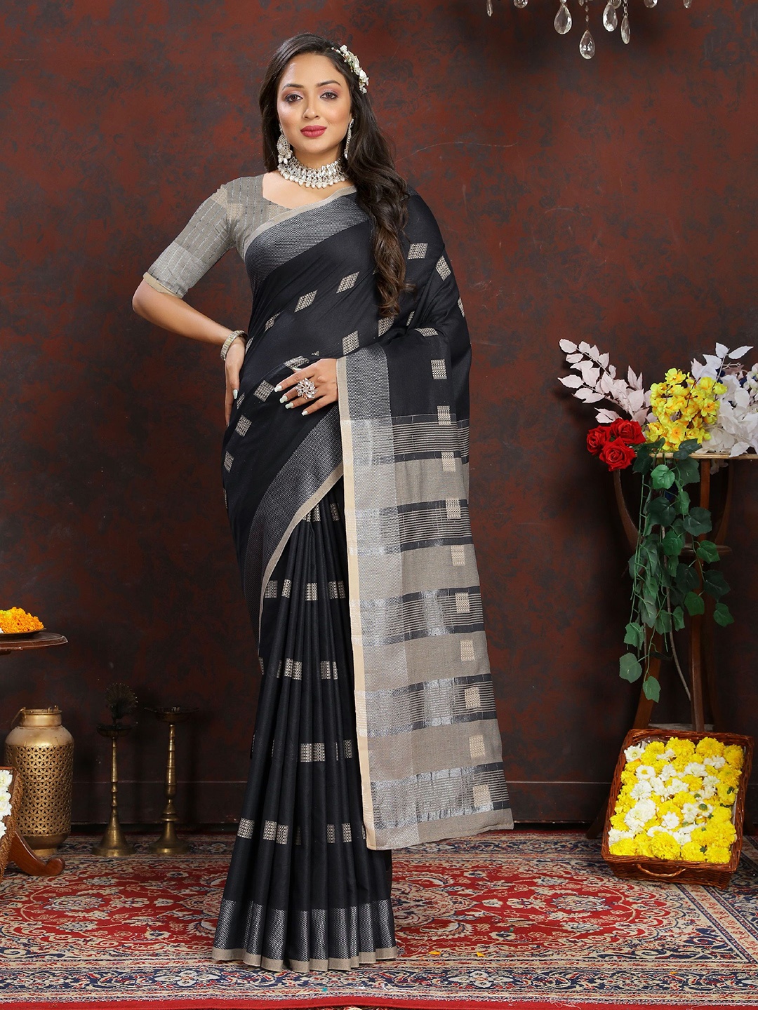 

KALINI Woven Design Zari Pure Cotton Banarasi Saree, Black