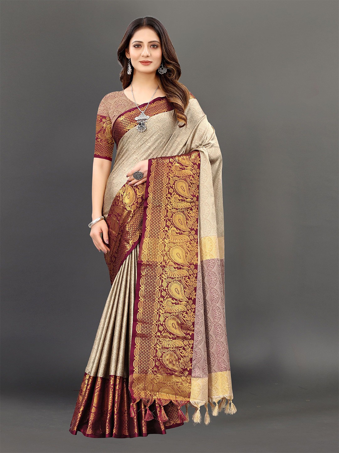 

KALINI Ethnic Motifs Zari Pure Silk Banarasi Saree, Beige