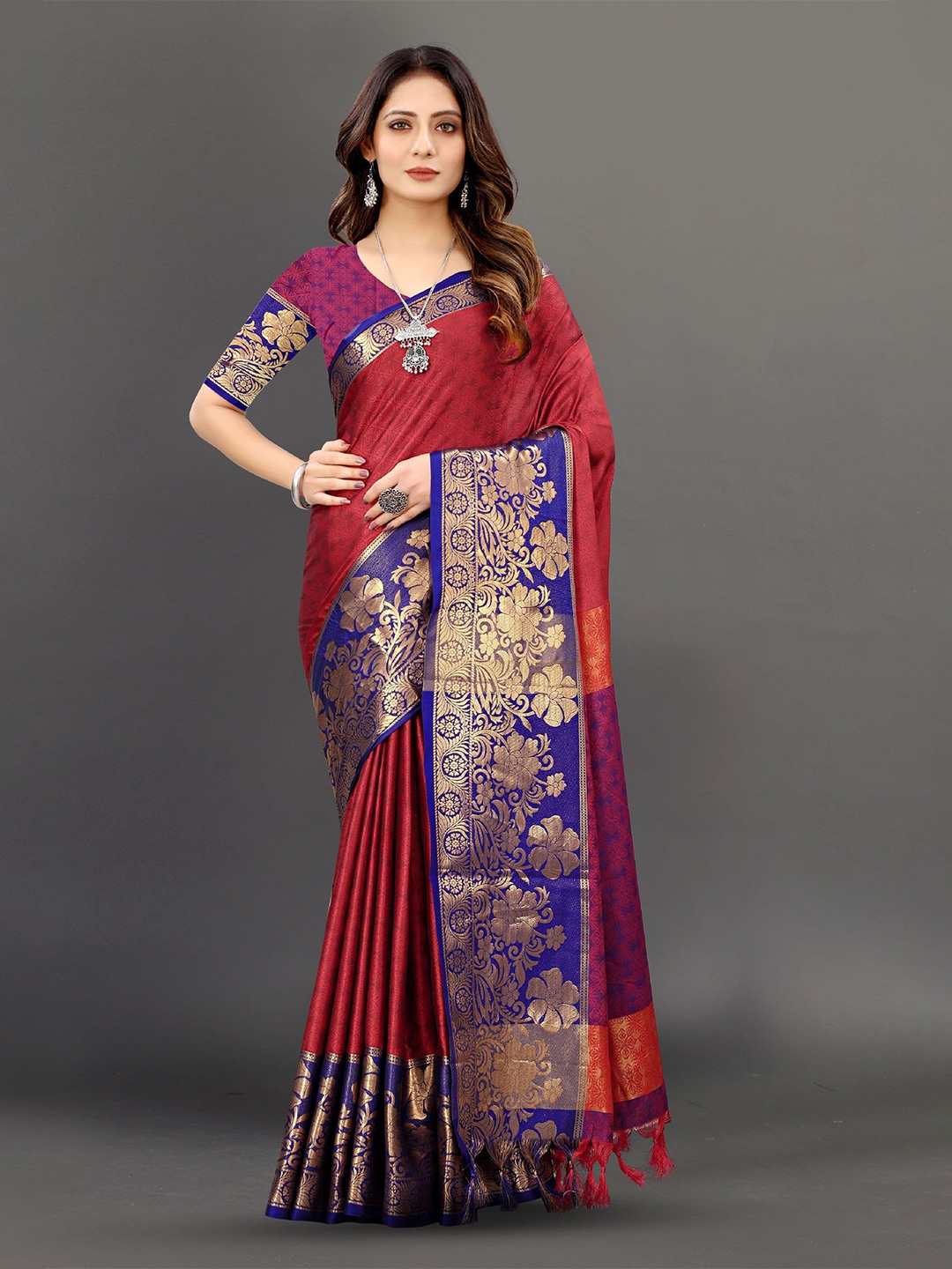 

KALINI Ethnic Motifs Zari Pure Silk Banarasi Saree, Red
