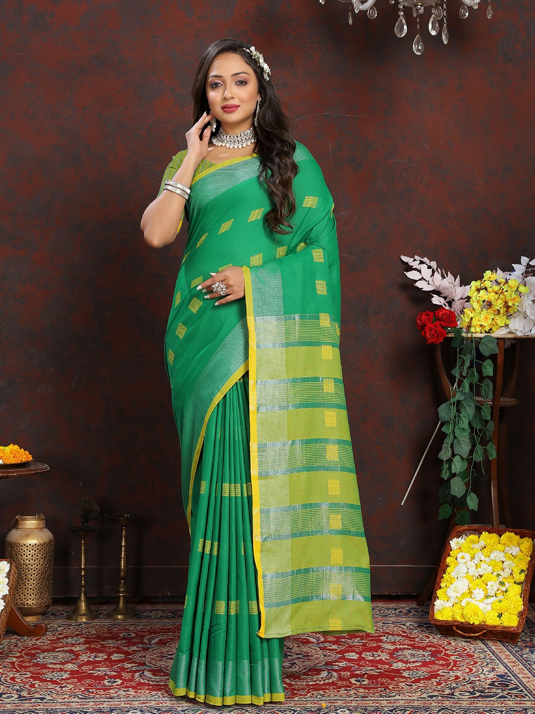 

KALINI Woven Design Zari Pure Cotton Banarasi Saree, Green