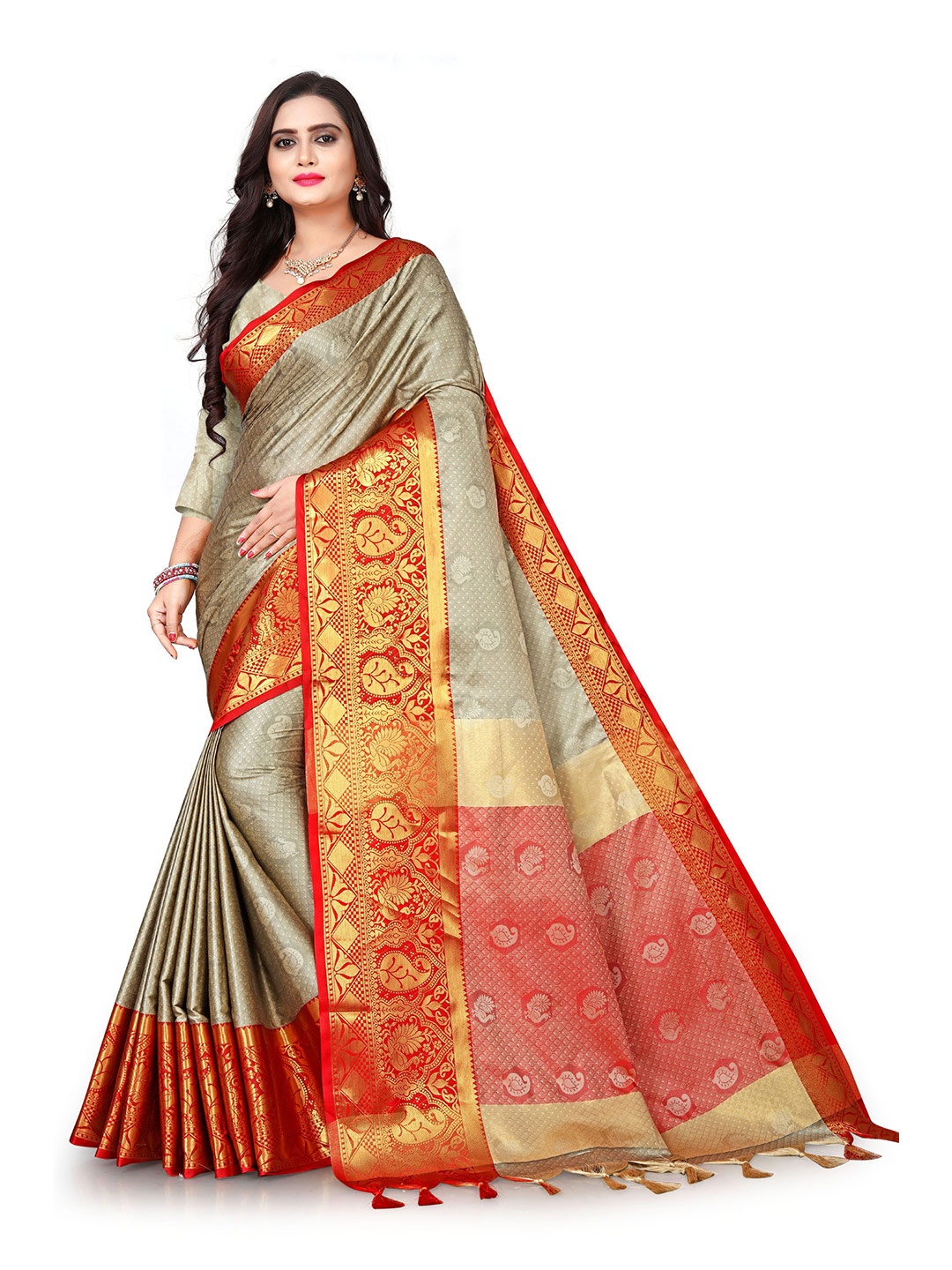 

KALINI Ethnic Motifs Zari Pure Silk Banarasi Saree, Orange