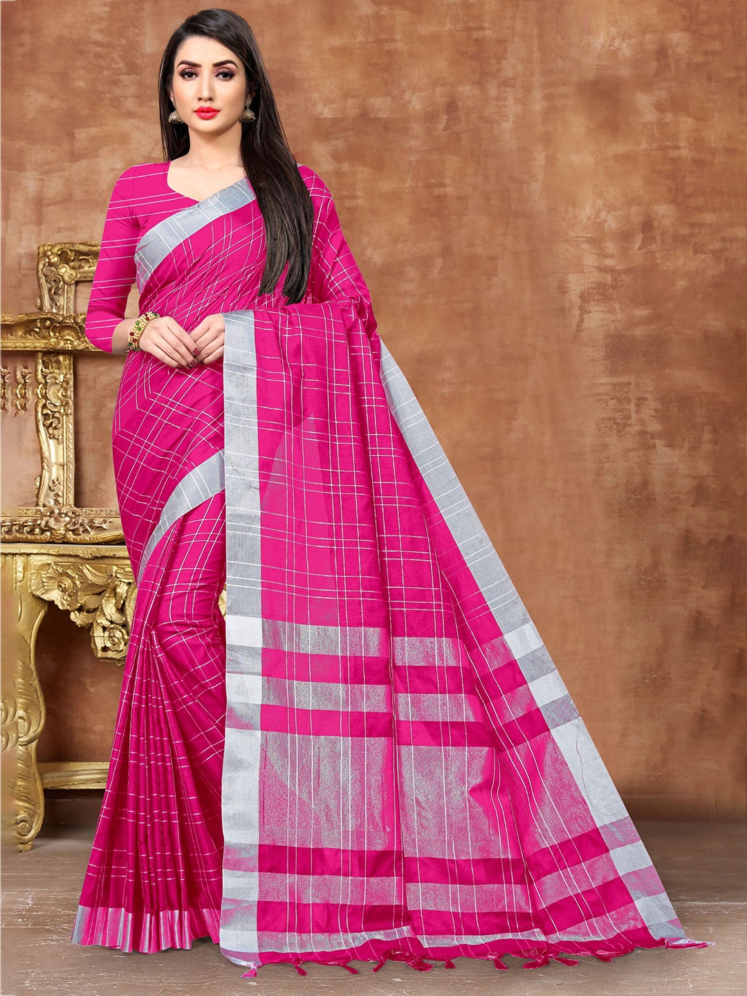 

KALINI Checked Zari Pure Cotton Banarasi Saree, Pink