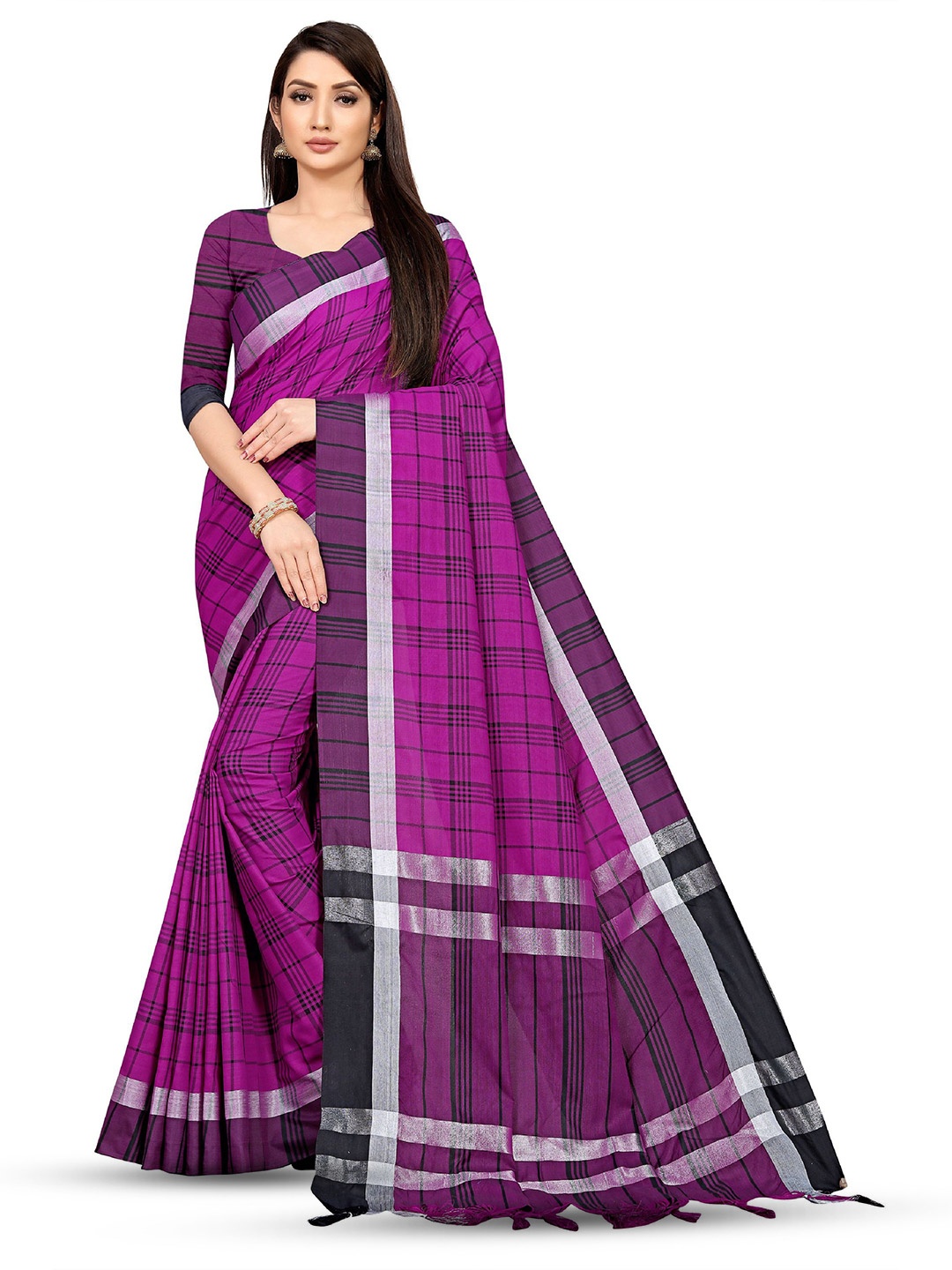 

KALINI Checked Zari Pure Cotton Banarasi Saree, Purple