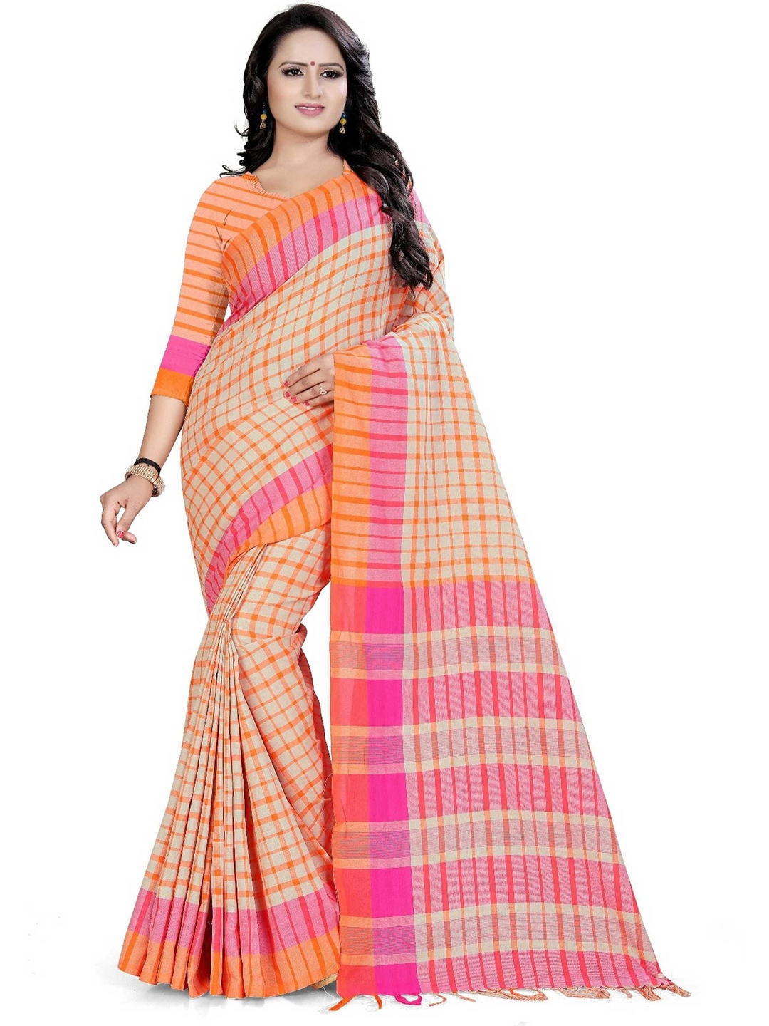 

KALINI Striped Pure Cotton Saree, Pink