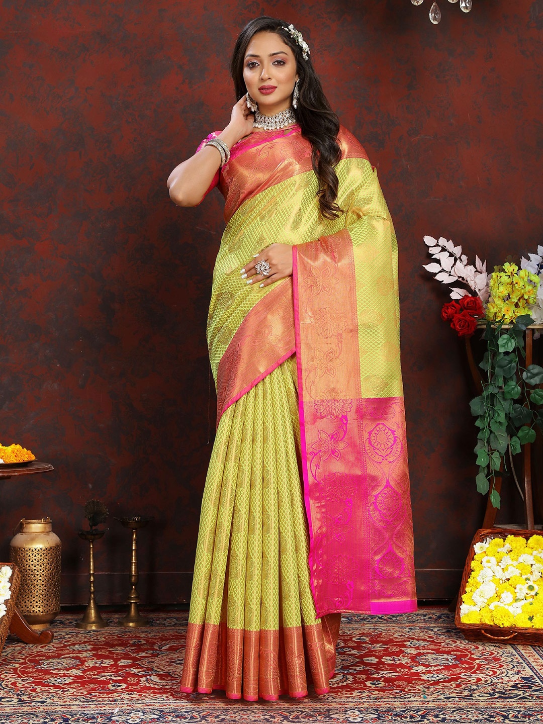 

KALINI Ethnic Motifs Zari Pure Silk Banarasi Saree, Green