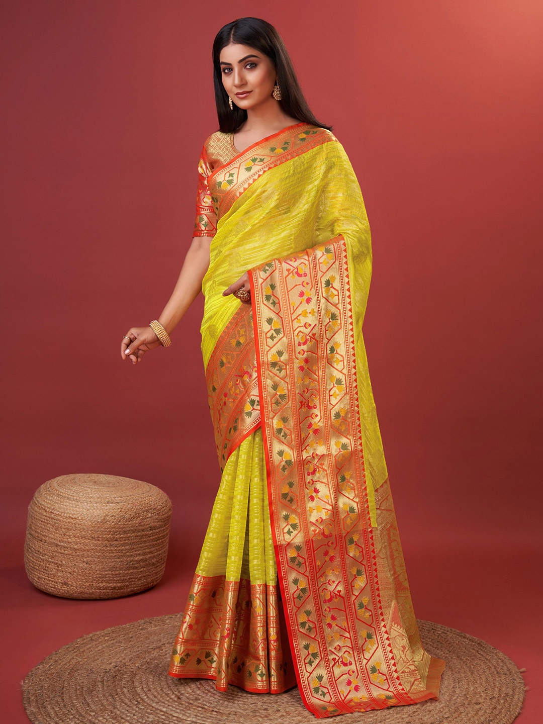 

KALINI Ethnic Motifs Zari Pure Silk Banarasi Saree, Green