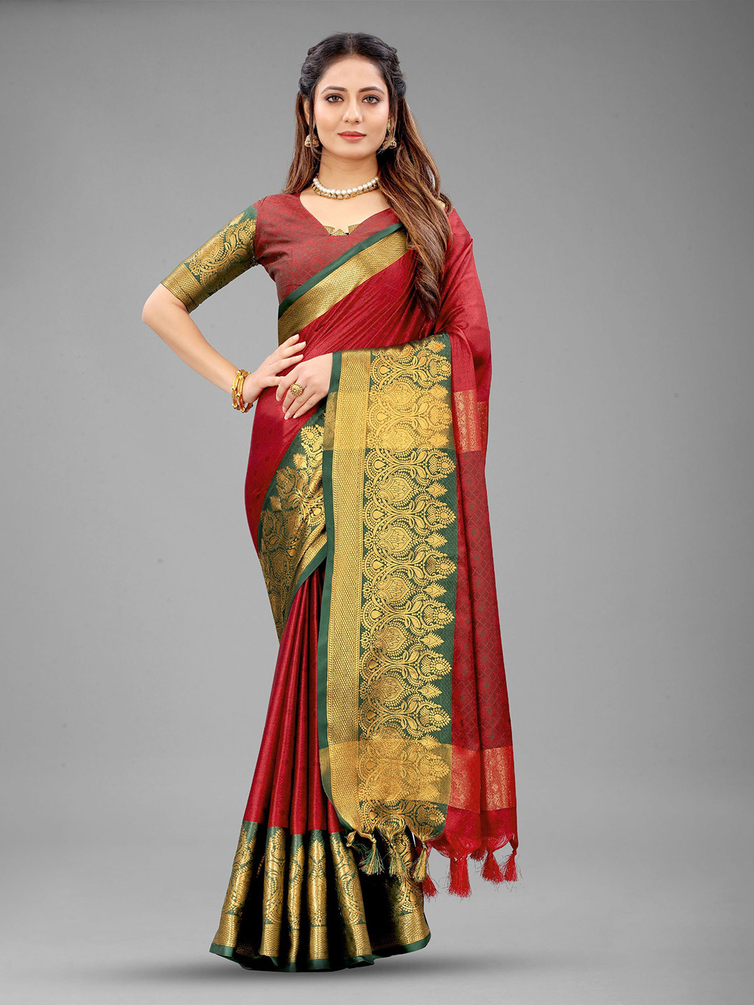 

KALINI Ethnic Motifs Zari Pure Silk Banarasi Saree, Maroon