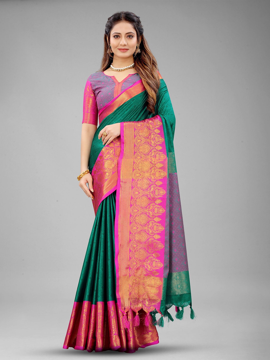 

KALINI Ethnic Motifs Zari Pure Silk Banarasi Saree, Green