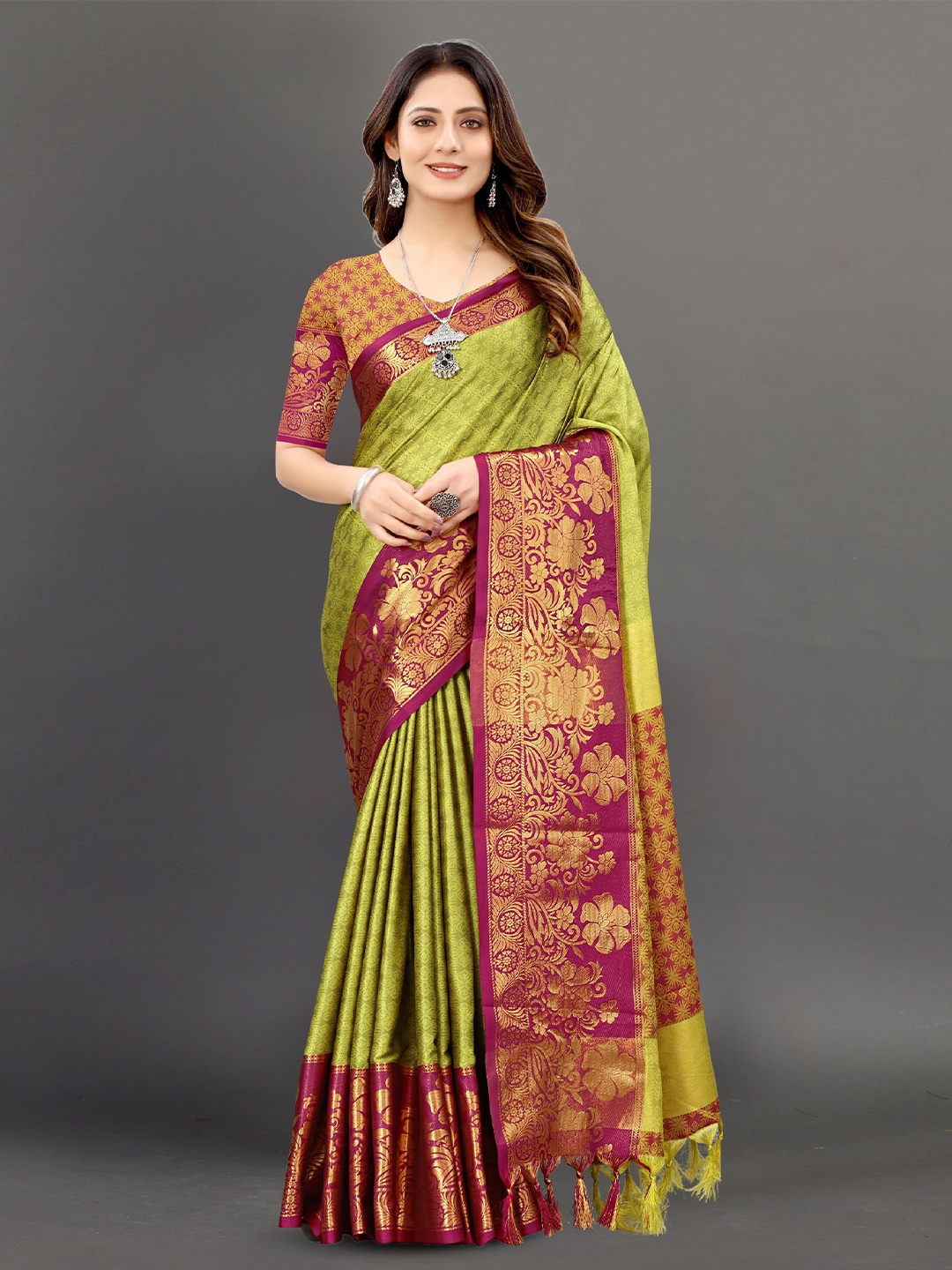 

KALINI Ethnic Motifs Zari Pure Silk Banarasi Saree, Green