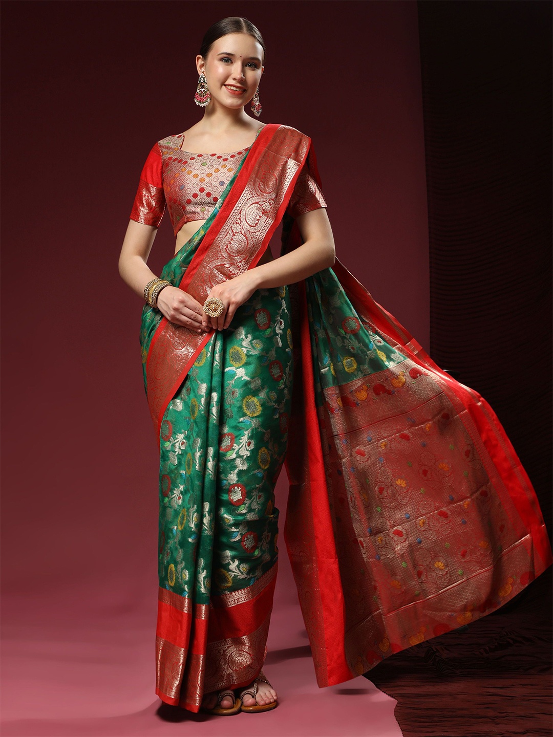 

KALINI Ethnic Motifs Zari Pure Silk Banarasi Saree, Green