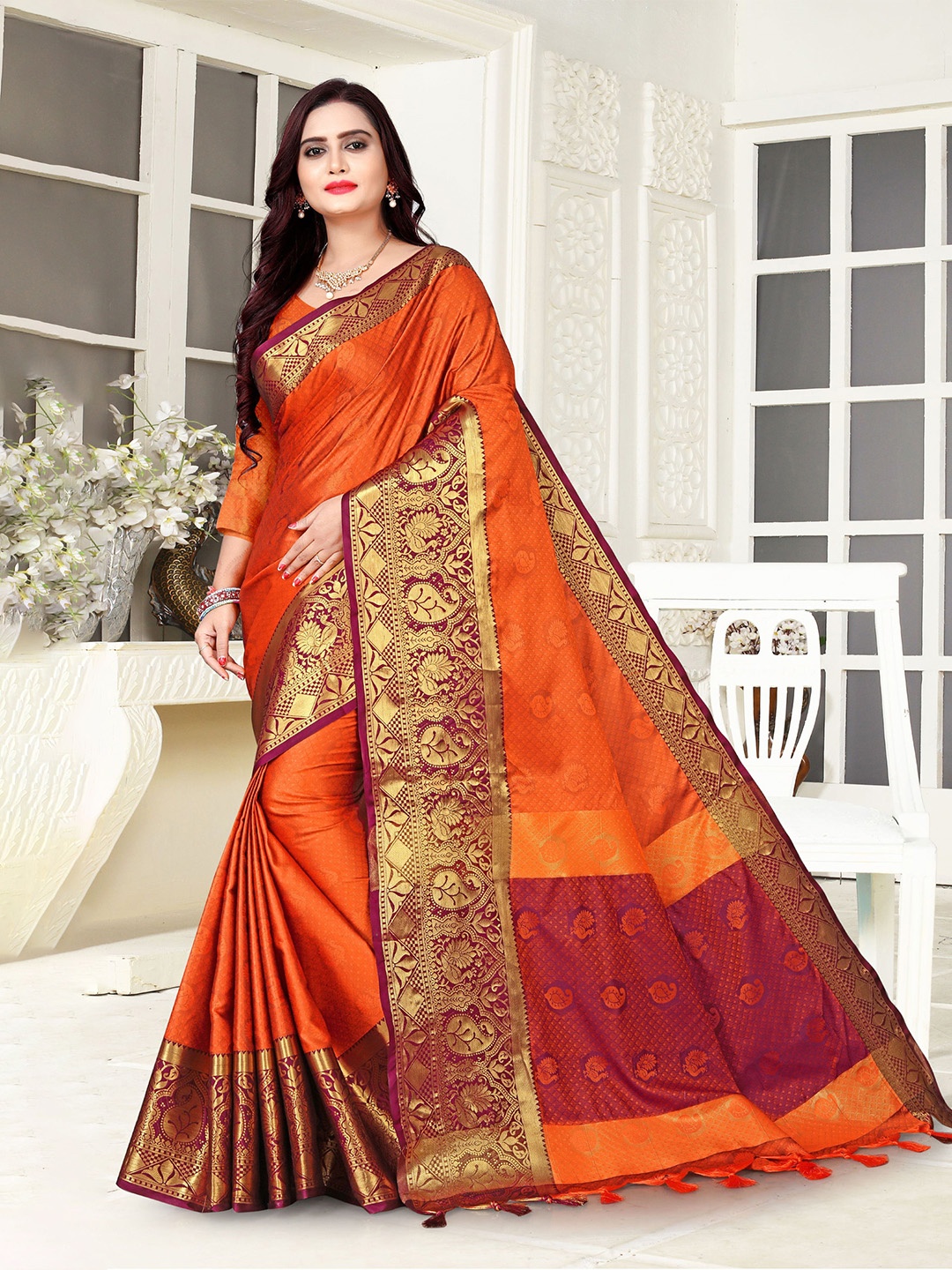 

KALINI Ethnic Motifs Zari Pure Silk Banarasi Saree, Orange