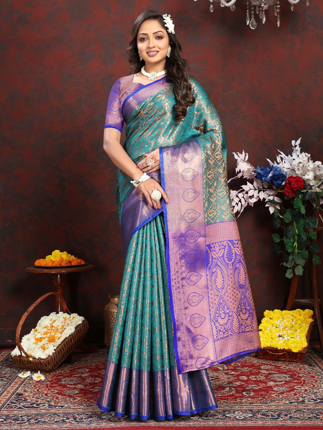 

KALINI Woven Design Zari Pure Silk Banarasi Saree, Purple