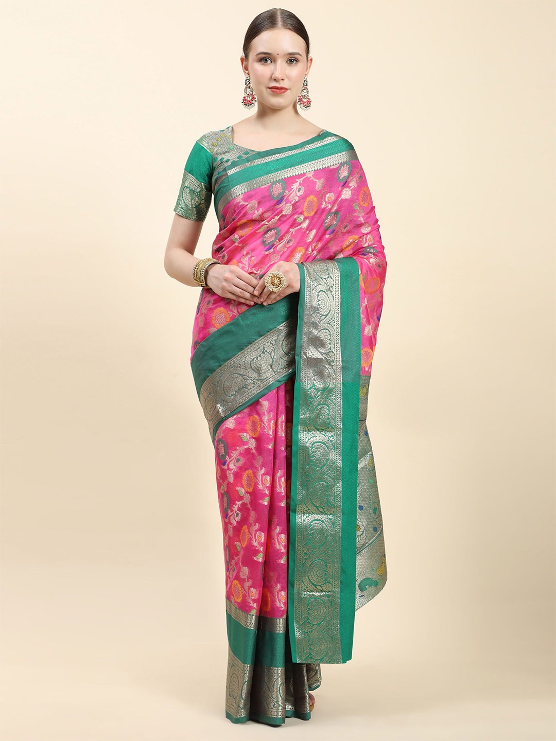 

KALINI Ethnic Motifs Zari Pure Silk Banarasi Saree, Green