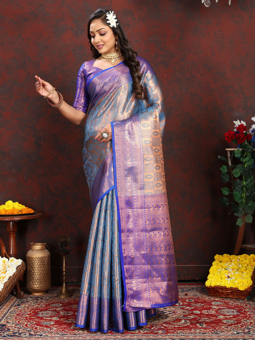 

KALINI Ethnic Motifs Pure Silk Banarasi Saree, Purple