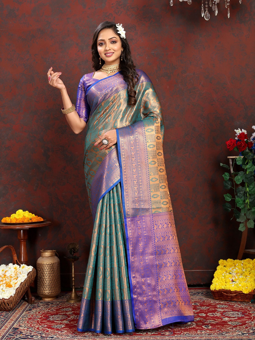 

KALINI Ethnic Motifs Zari Pure Silk Banarasi Saree, Green