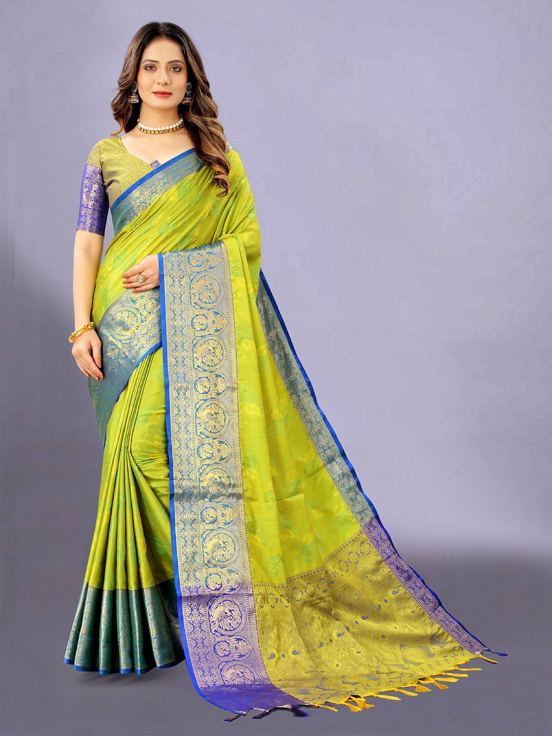 

KALINI Ethnic Motifs Zari Pure Silk Banarasi Saree, Lime green