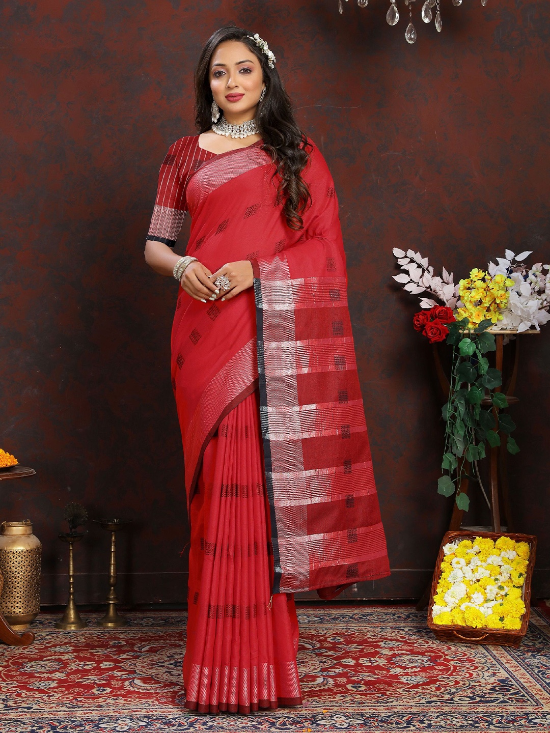 

KALINI Pure Cotton Banarasi Saree, Red