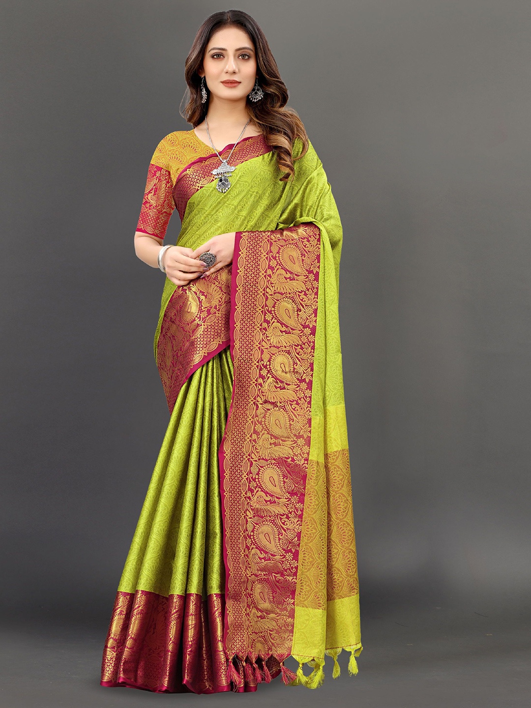 

KALINI Ethnic Motifs Zari Pure Silk Banarasi Saree, Green