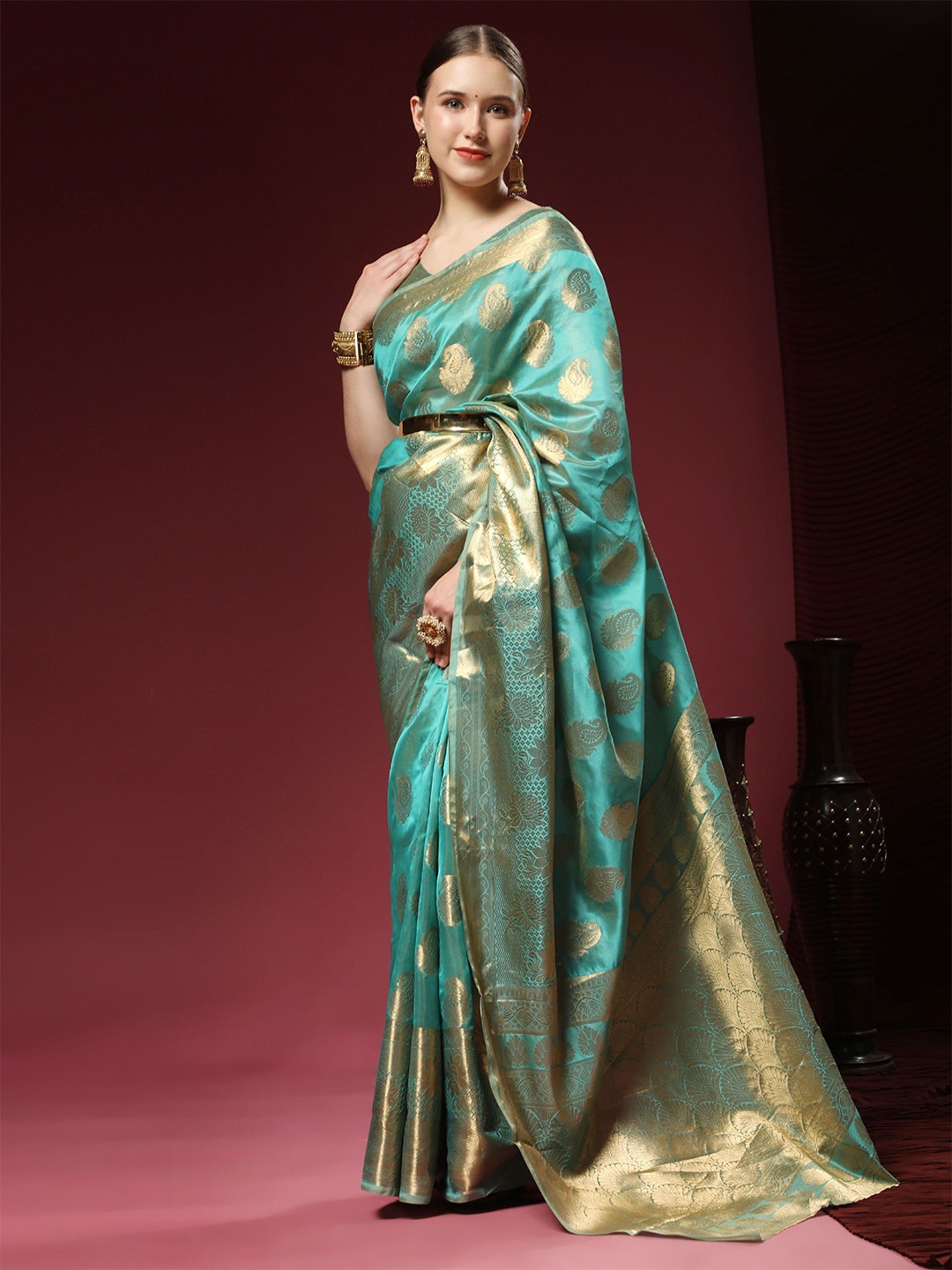 

KALINI Ethnic Motifs Zari Pure Silk Banarasi Saree, Green