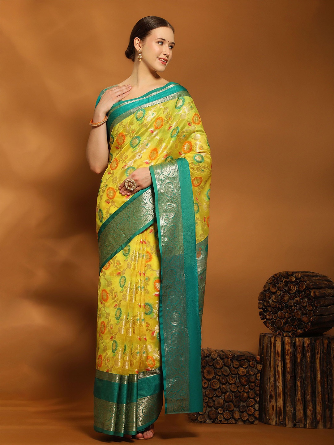 

KALINI Ethnic Motifs Zari Pure Silk Banarasi Saree, Green
