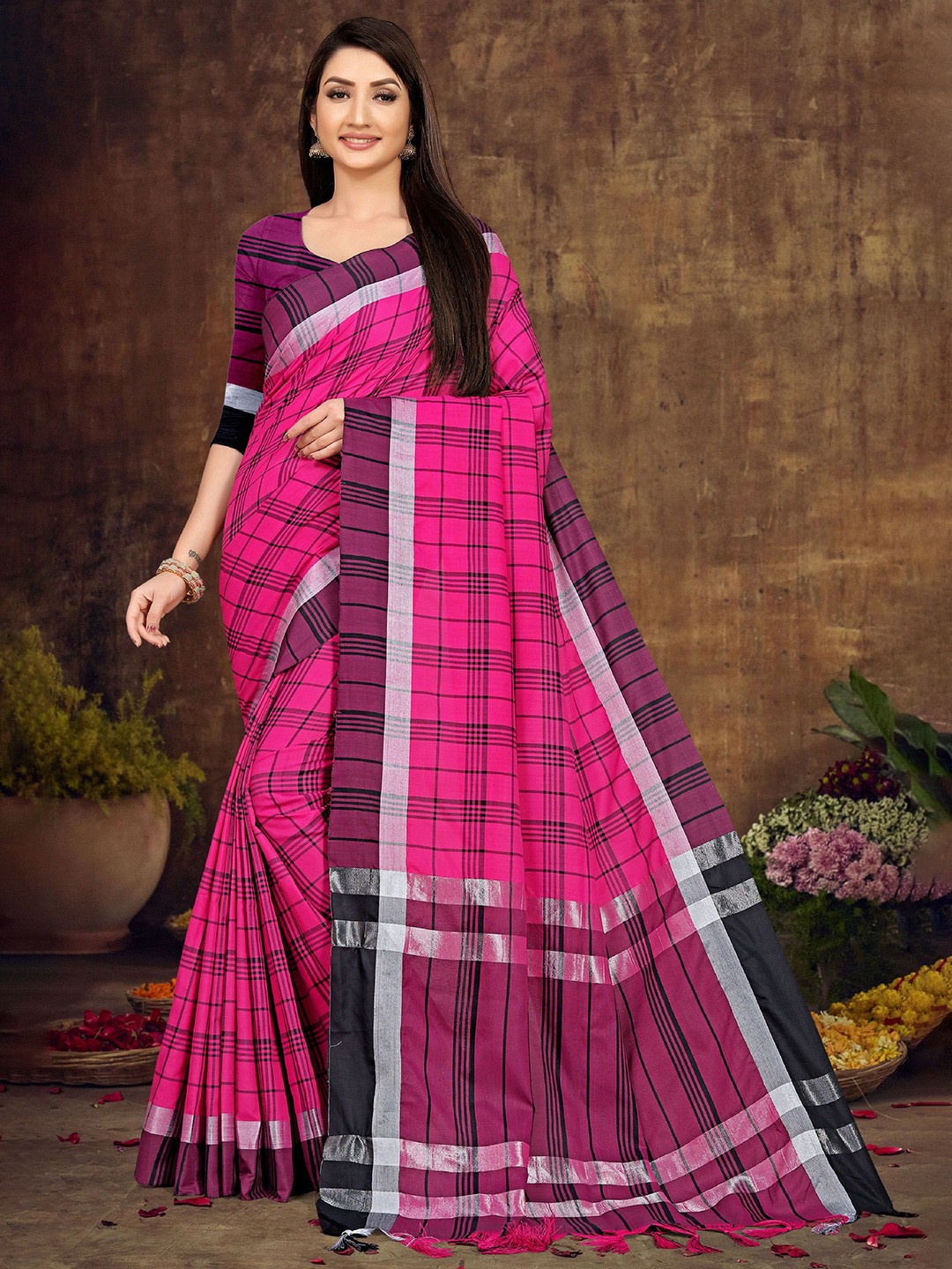 

KALINI CheckedZari Pure Cotton Banarasi Saree, Pink