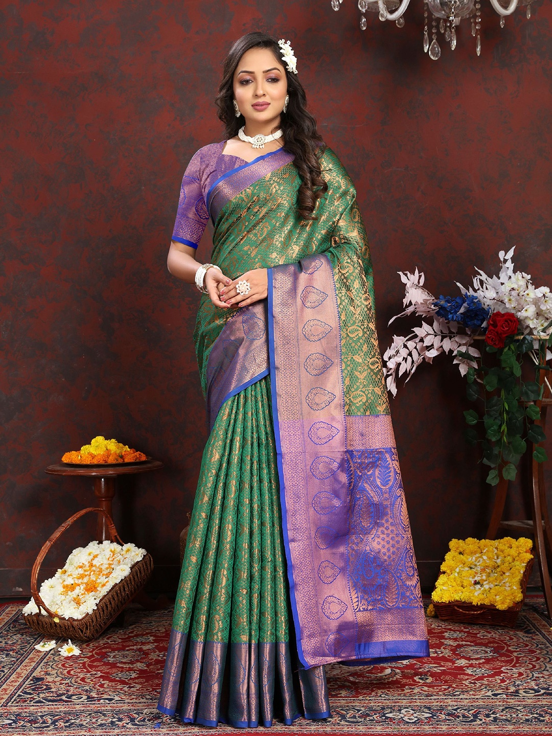 

KALINI Ethnic Motifs Zari Pure Silk Banarasi Saree, Green