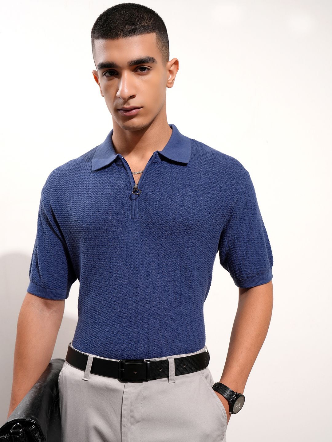 

Highlander Men Knitted Textured Polo Neck T-shirt, Blue