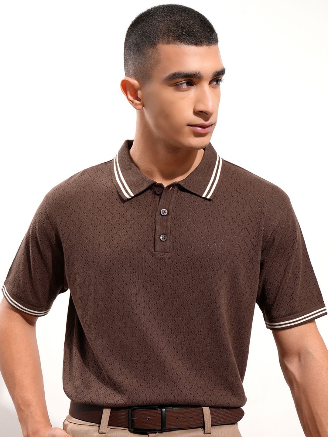 

Highlander Men Relaxed Fit Polo Collar Extended Sleeves T-shirt, Brown