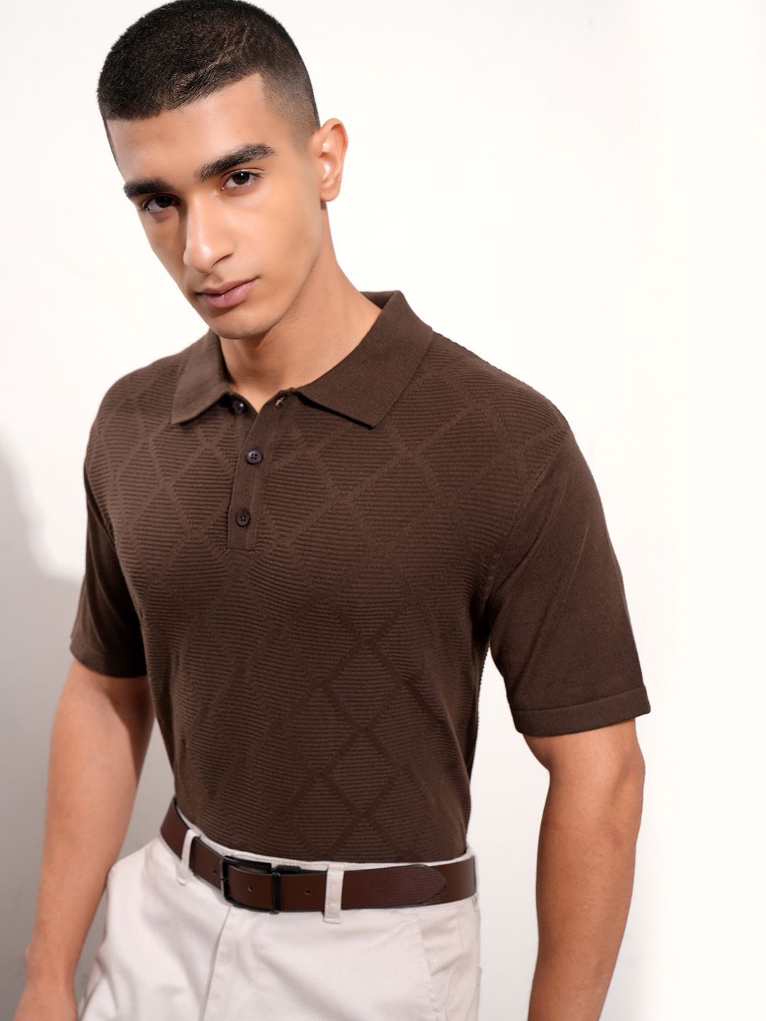 

Highlander Men Knitted Textured Polo Collar T-shirt, Brown