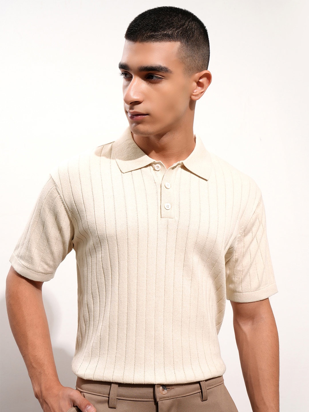 

Highlander Men Relaxed Fit Striped Polo Collar Cotton T-shirt, Off white