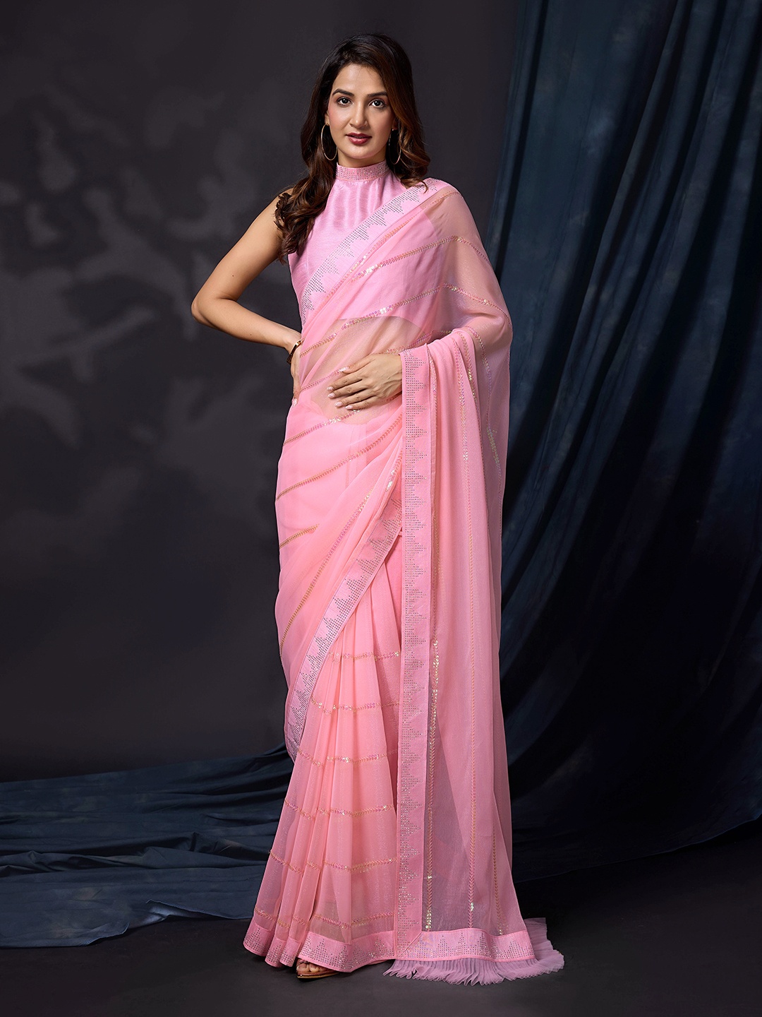 

Trendmalls Embellished Beads and Stones Saree, Pink