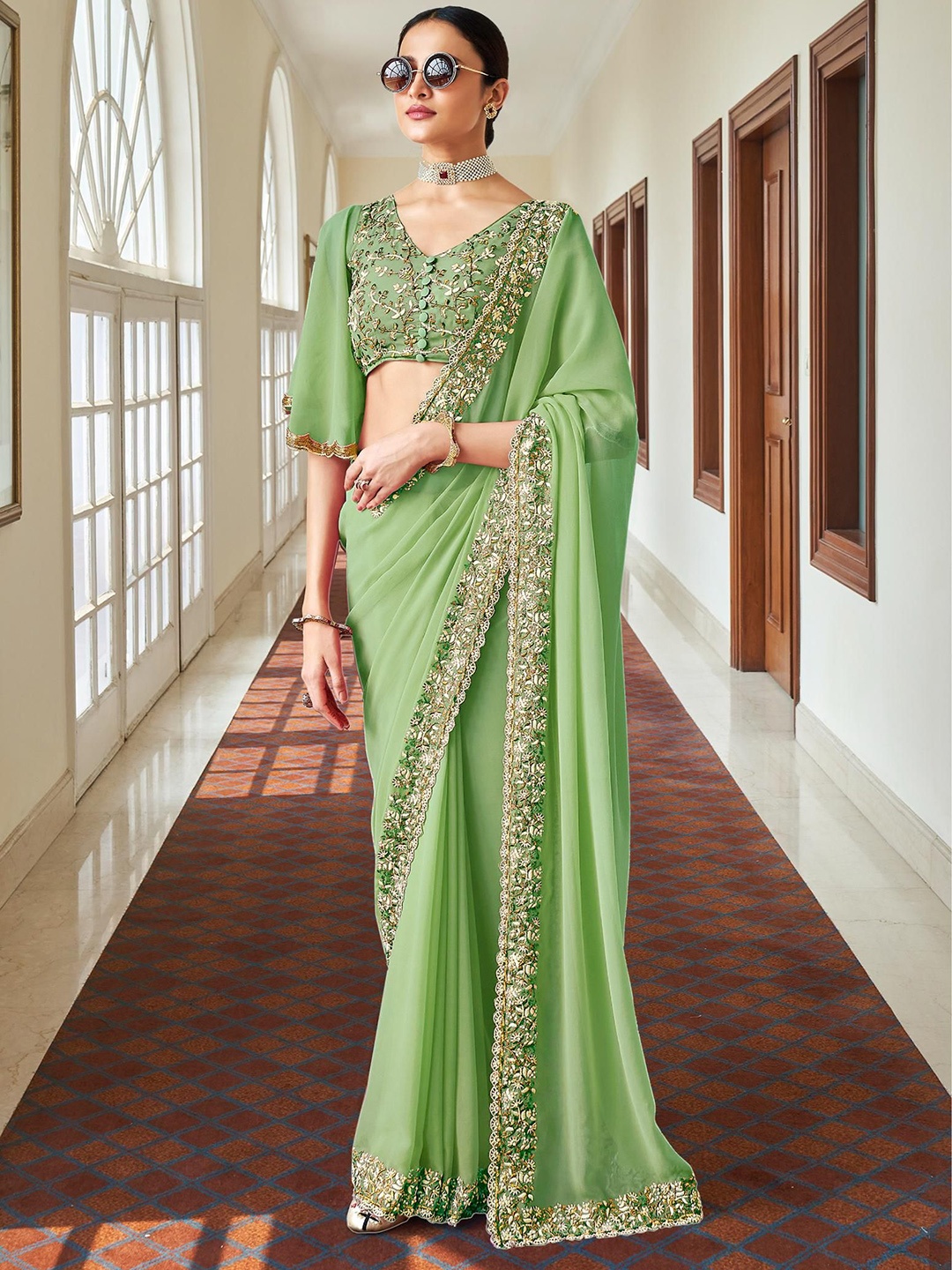 

Trendmalls Beads and Stones Pure Georgette Saree, Green