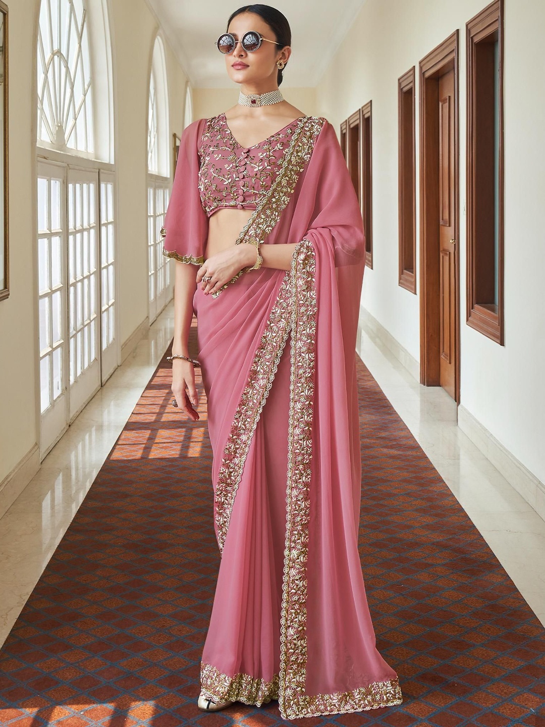 

Trendmalls Embroidered Pure Georgette Saree, Pink