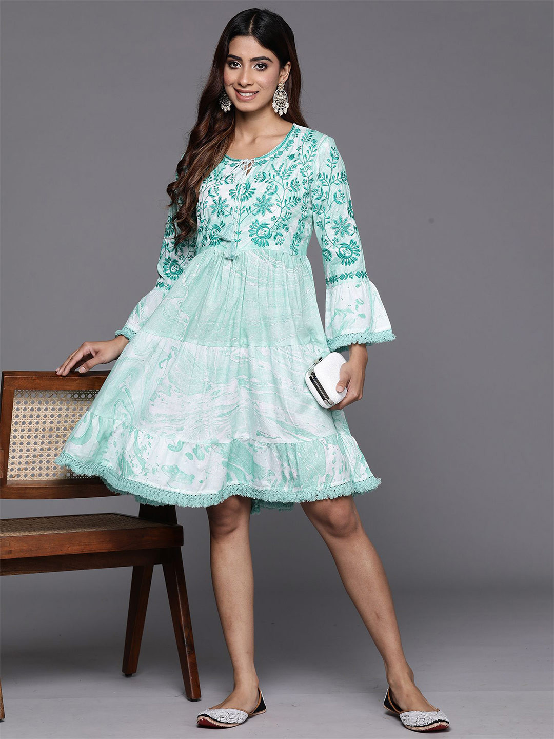 

Indo Era Abstract Print Bell Sleeves Embroidered Cotton A-Line Dress, Sea green