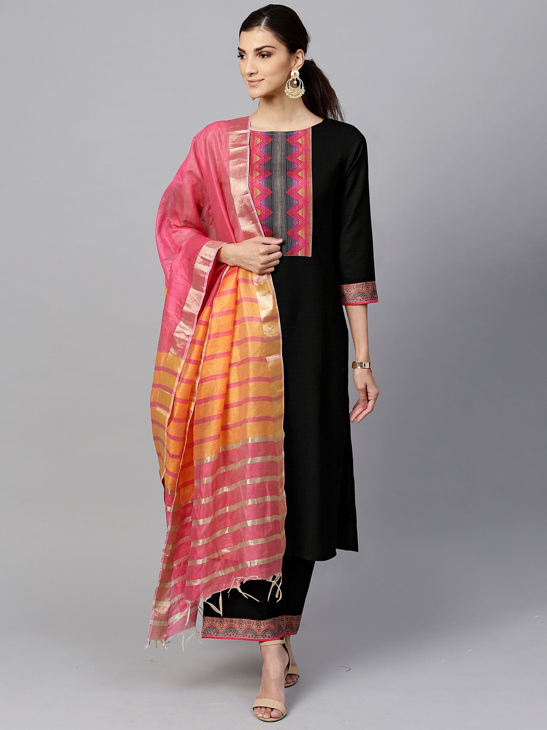 

Indo Era Ethnic Motifs Yoke Design Thread Work Pure Cotton Kurta with Palazzos & Dupatta, Black