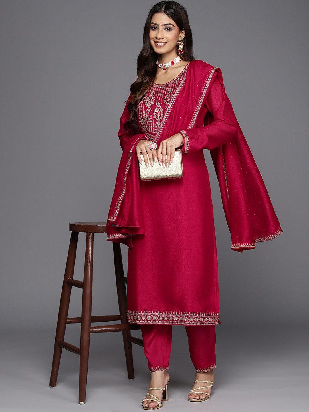 

Indo Era Ethnic Motifs Embroidered Regular Sequinned Kurta with Trousers & Dupatta, Pink