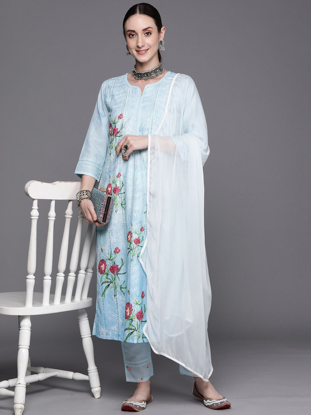 

Indo Era Floral Embroidered Regular Thread Work Pure Cotton Kurta with Trousers & Dupatta, Blue