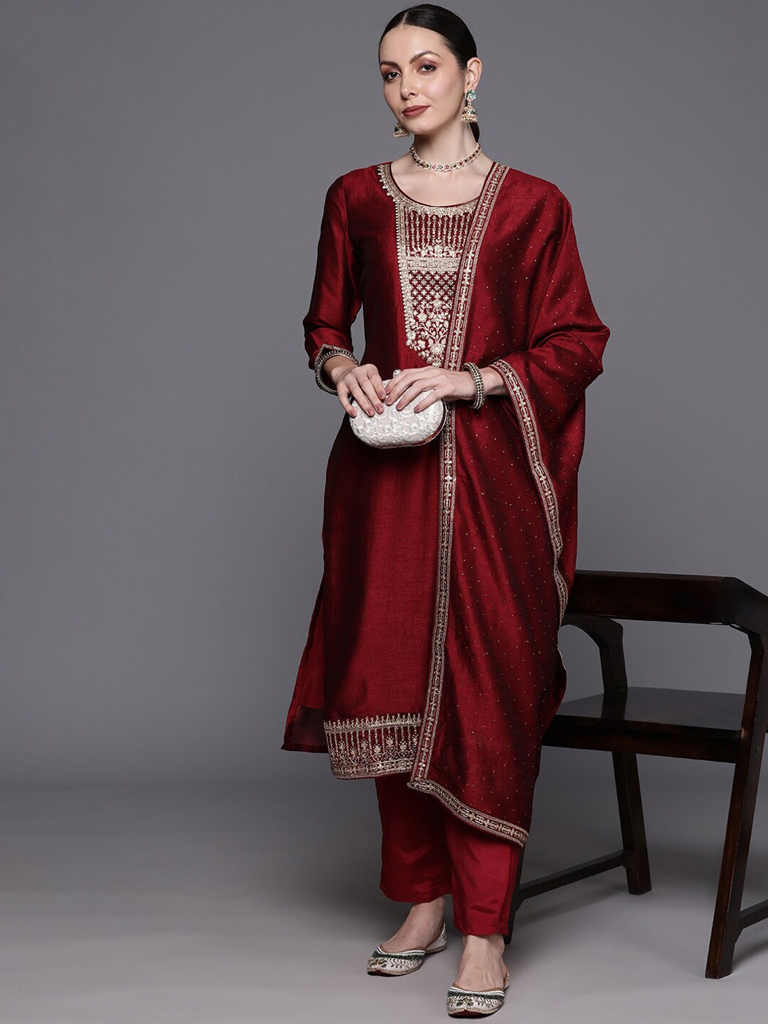 

Indo Era Maroon Floral Embroidered Yoke or Border Straight Kurta with Trousers & Dupatta