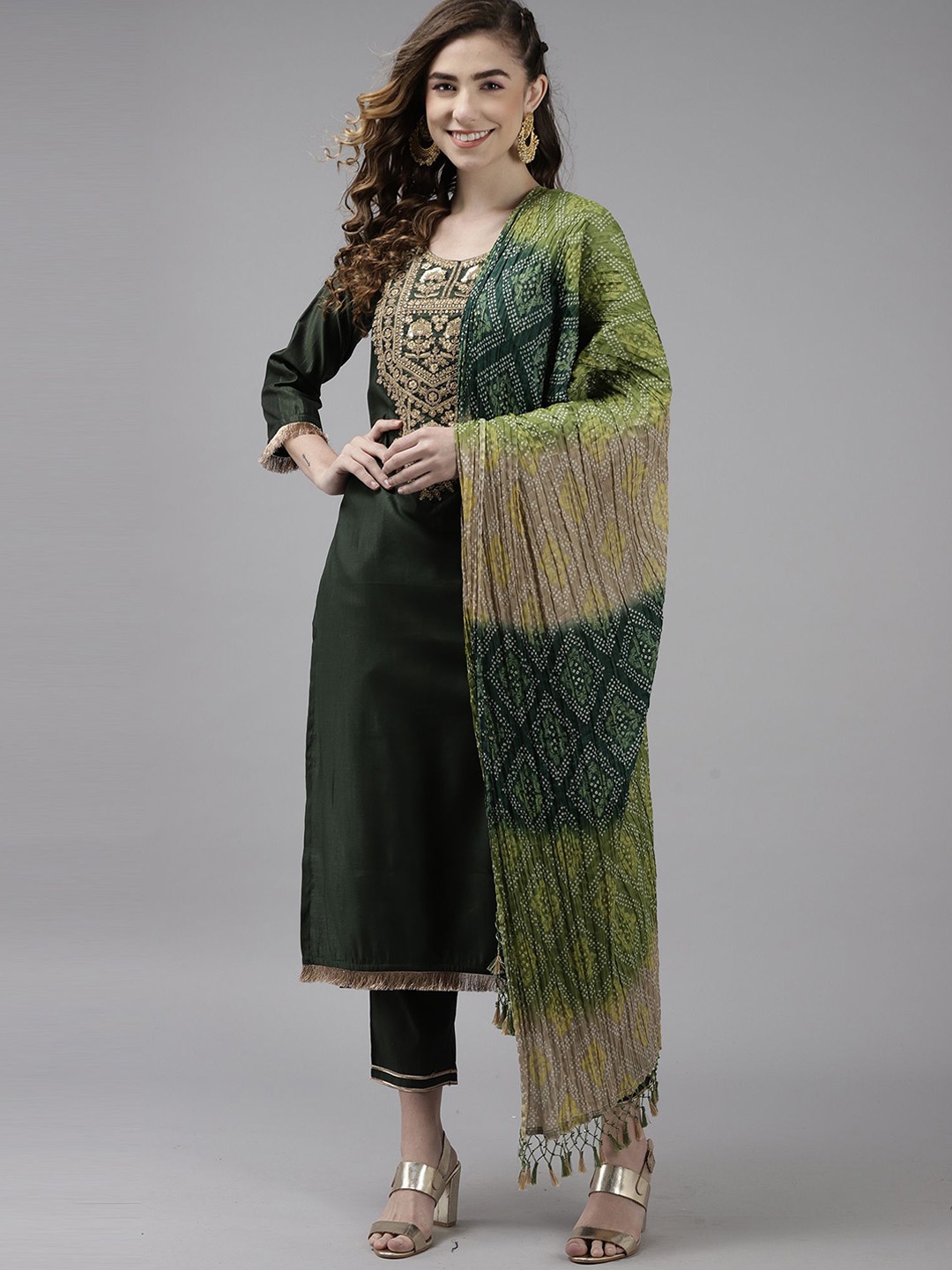 

Indo Era Ethnic Motifs Embroidered Round Neck Liva Straight Kurta with Trousers & Dupatta, Green