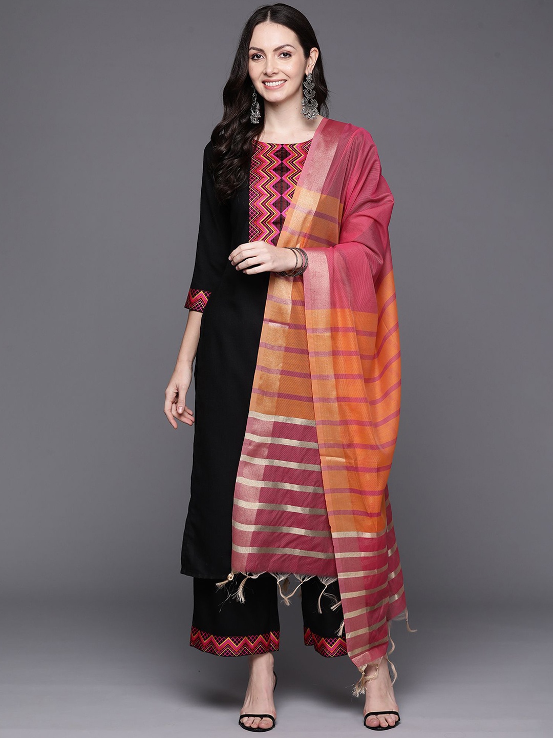 

Indo Era Embroidered Regular Kurta with Palazzos & Dupatta, Black