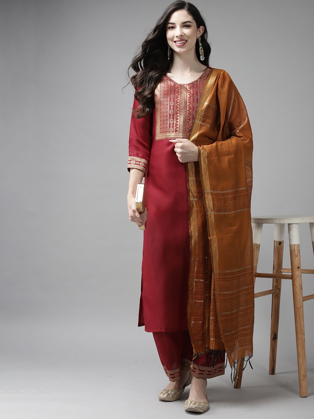 

Indo Era Floral Yoke Design Regular Kurta with Palazzos & With Dupatta, Maroon