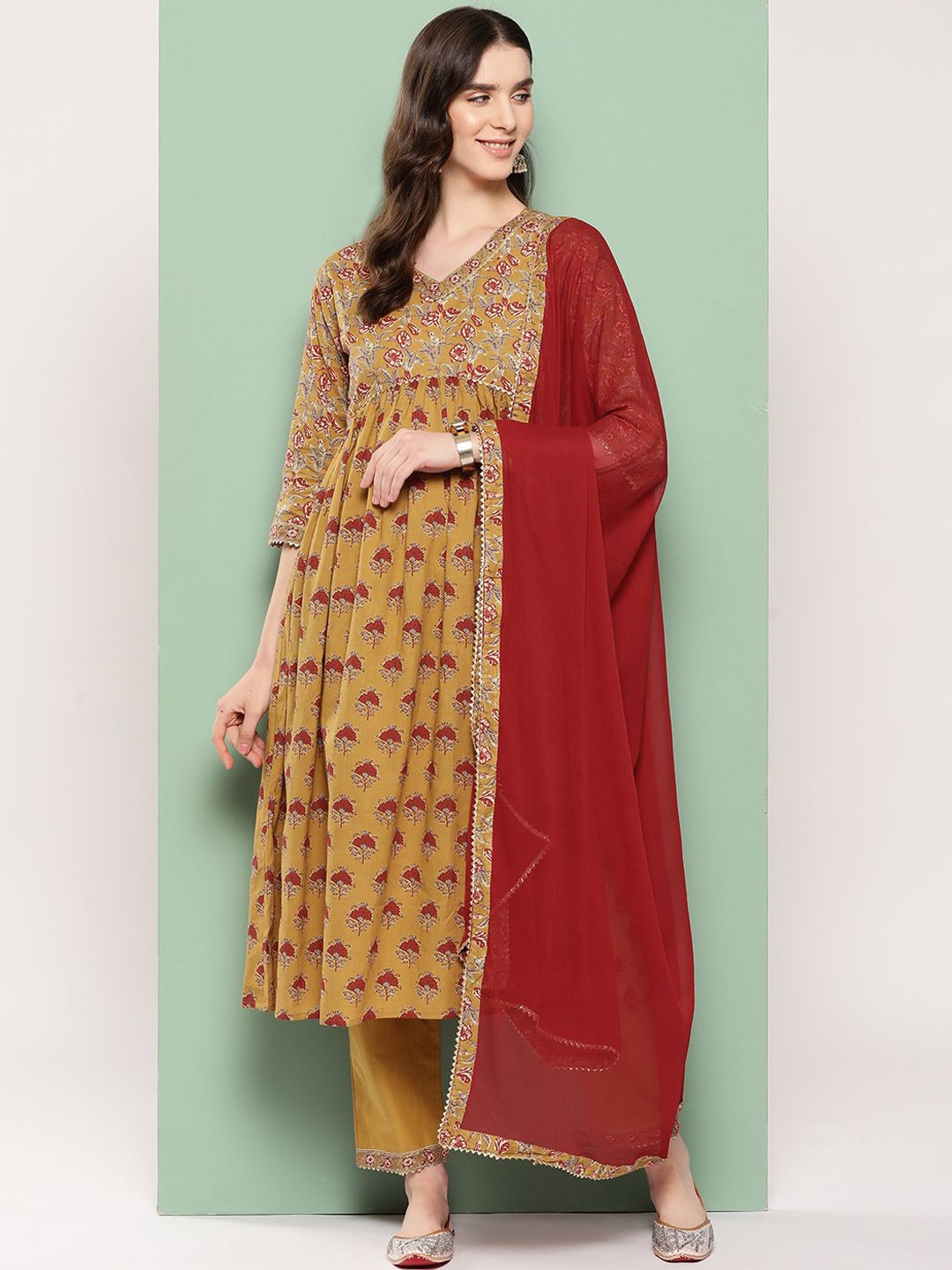 

Indo Era Mustard Ethnic Motifs Printed Empire Pure Cotton Kurta with Trousers & Dupatta