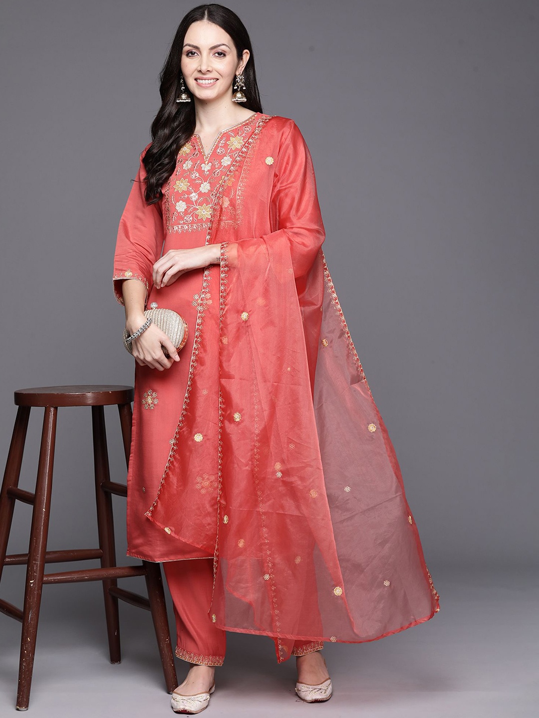 

Indo Era Floral Embroidered Round Neck Three-Quarter Sleeves Kurta Set, Orange