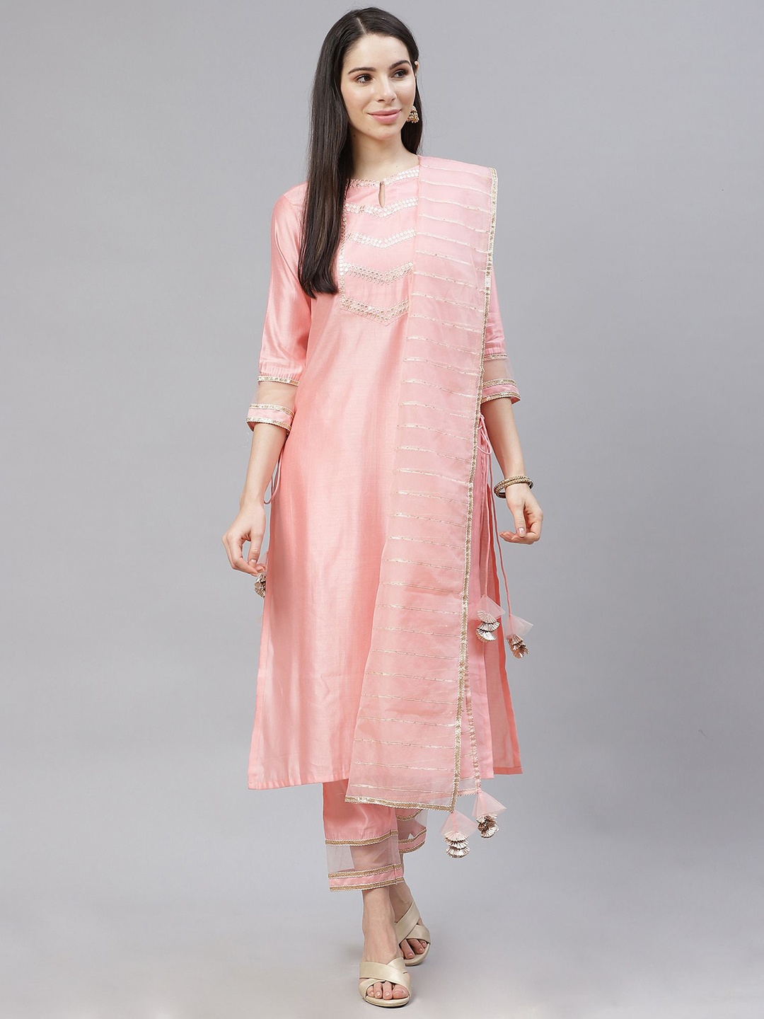 

Indo Era Yoke Design Regular Sequinned Kurta with Trousers, Pink