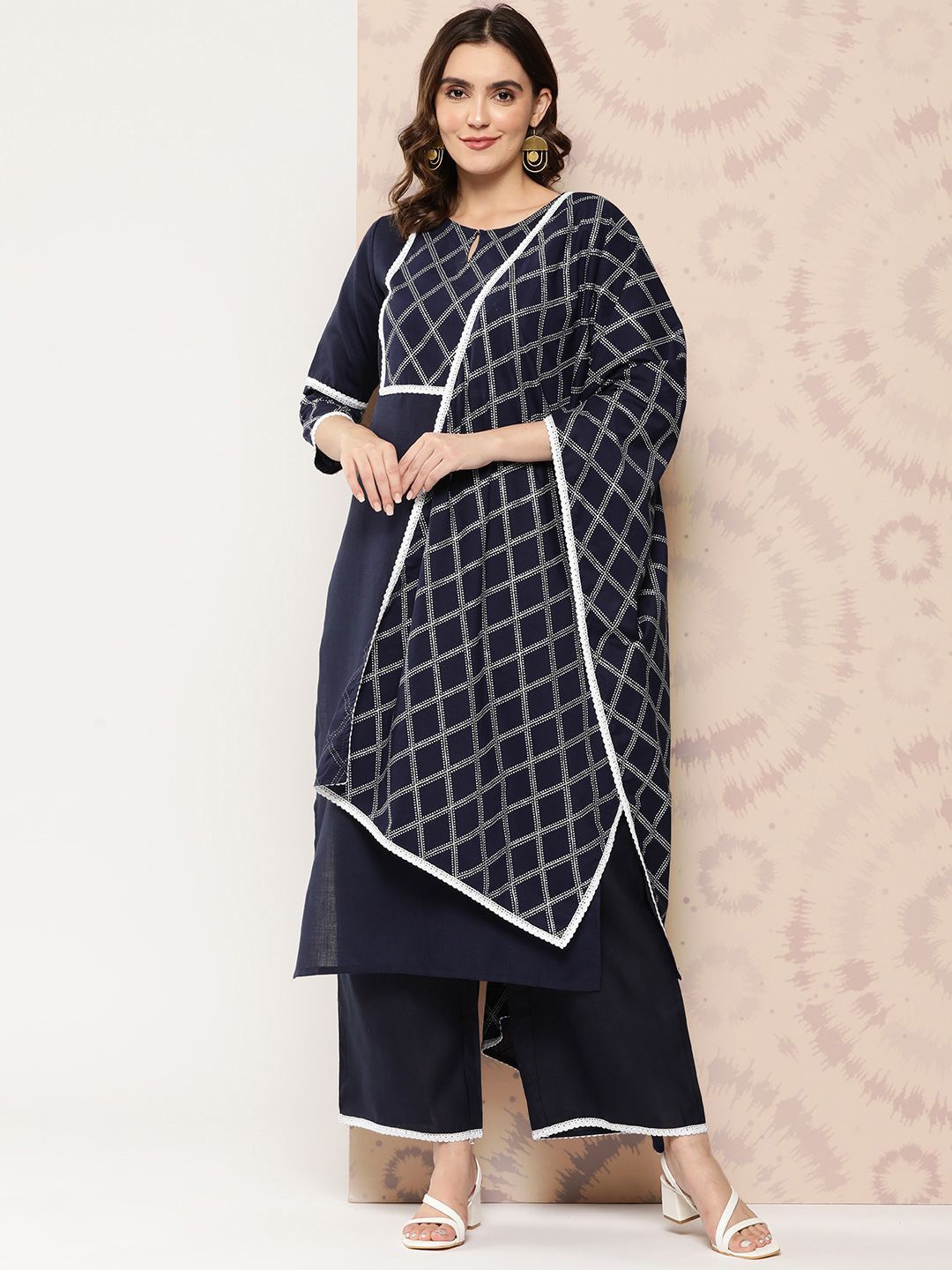 

Indo Era Yoke Design Regular Thread Work Kurta With Trousers & Dupatta, Navy blue