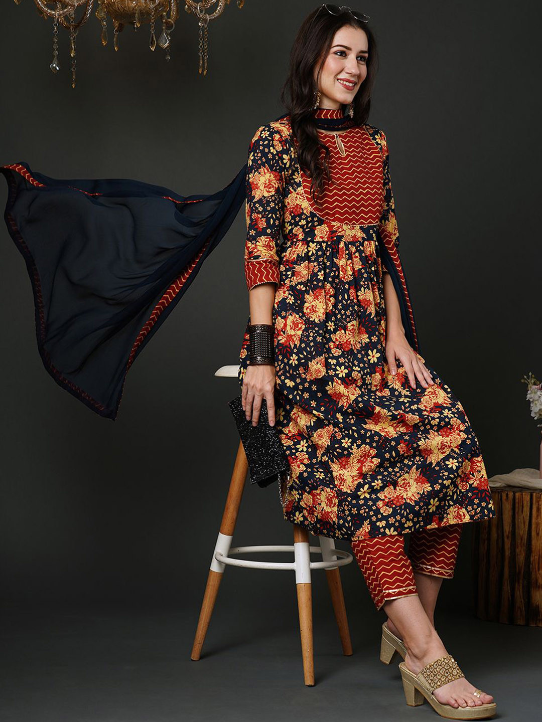 

Indo Era Floral Yoke Design Pleated Gotta Patti Pure Cotton Kurta with Trousers & Dupatta, Blue